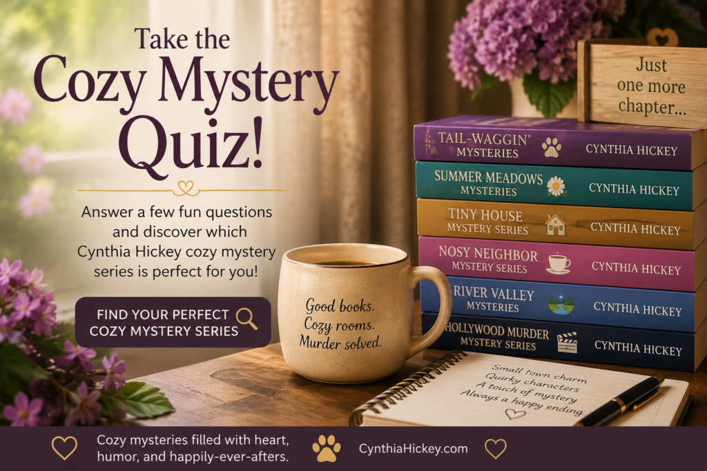 Cozy mystery quiz by Cynthia Hickey to discover your perfect cozy mystery series.